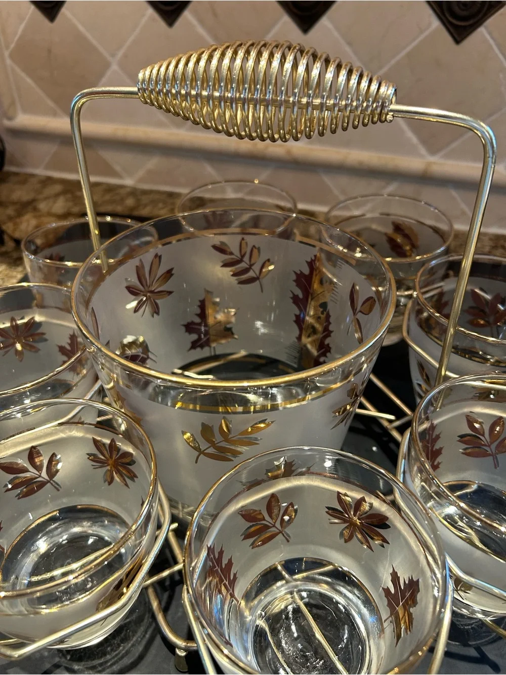 Vintage MCM Libbey Golden Foliage Set with 8 Glasses with Caddy & Ice Bucket.